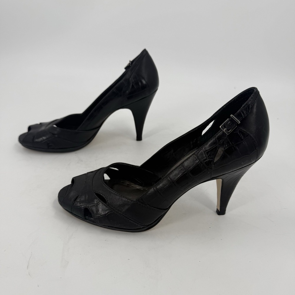 Gianni Bini Women's Size 8.5M Black Leather Croc Embossed Peep Toe Heels